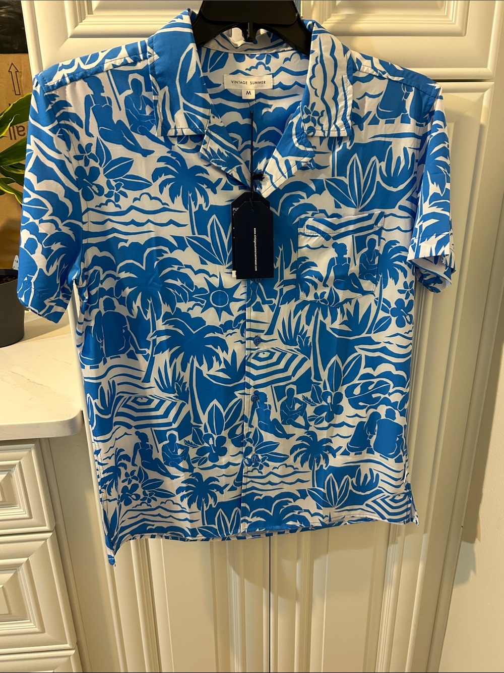 Vintage Summer Blue & White Tropical Button-Down Shirt